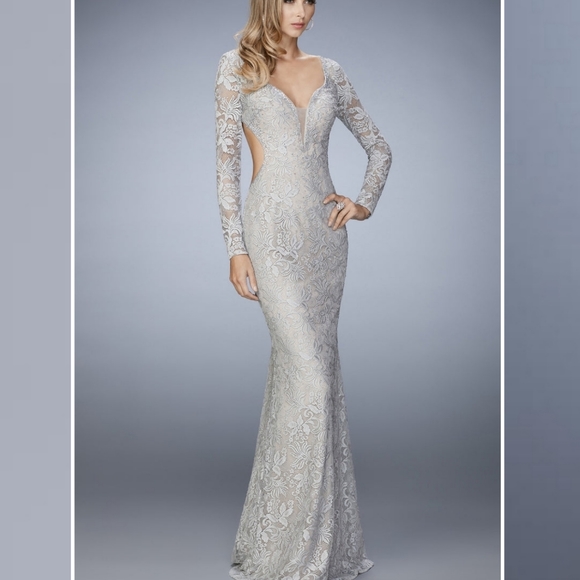 La Femme Dresses La Femme Embellished Lace Gown With Side Cuts And